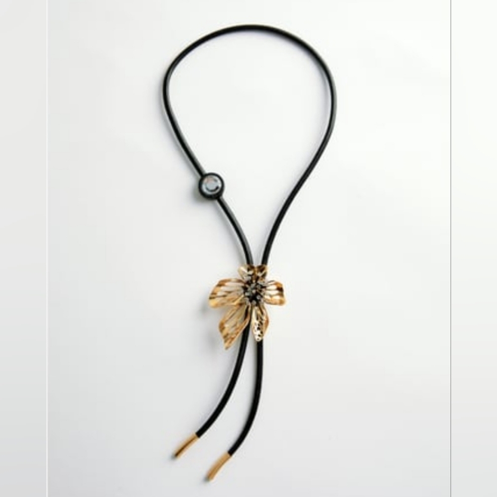 Zara Black and Gold Flower Leather Bolo Tie Necklace